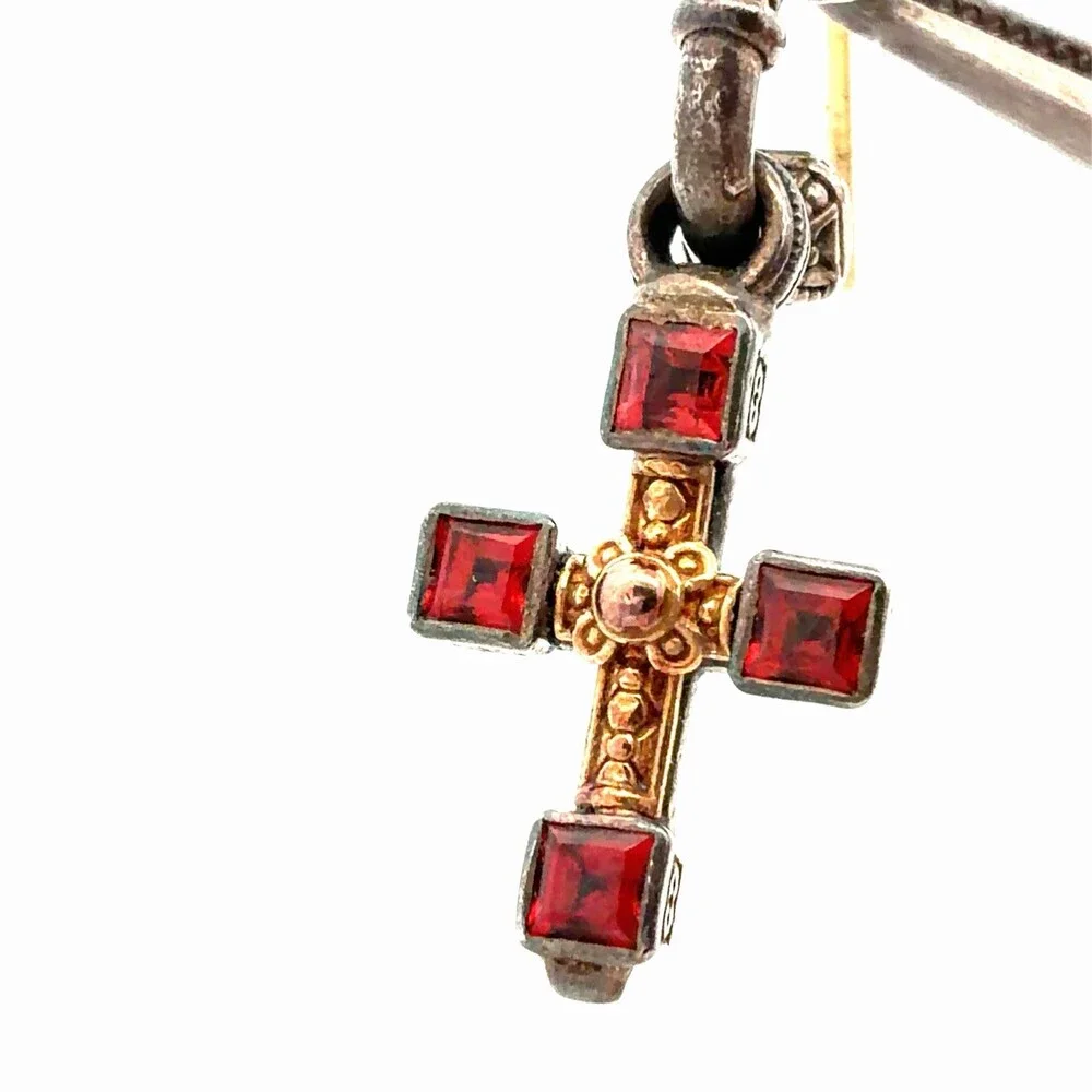 Retired Konstantino 925 Sterling Silver Two Tone Garnet Cross Dangle Earrings